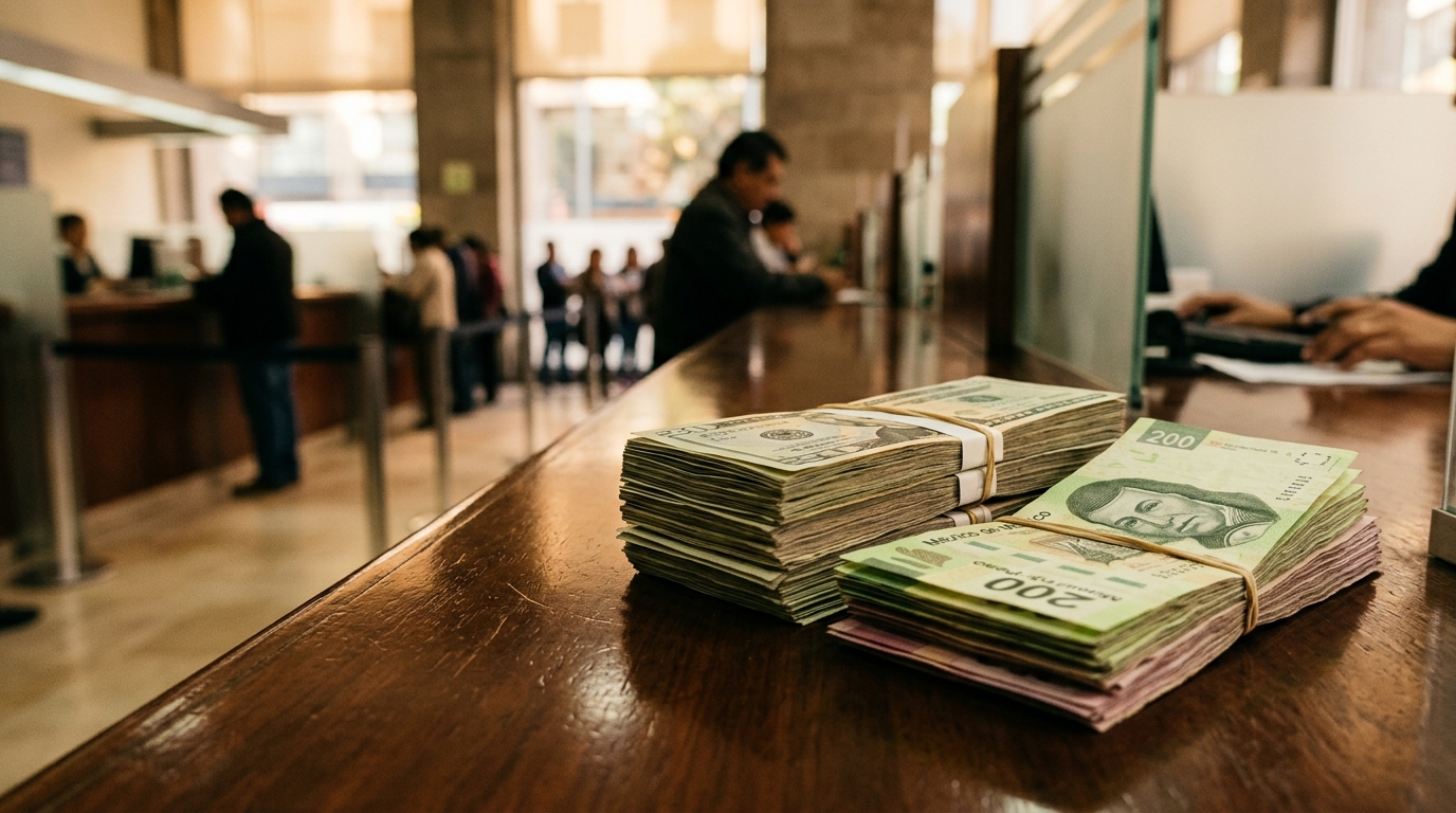 Billetes de dólar y peso mexicano en mostrador con tipo de cambio peso dólar