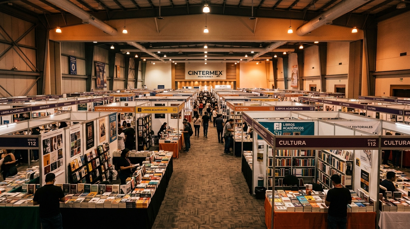 Pasillo de la FIL Monterrey 2026 con estanterías de libros en Cintermex
