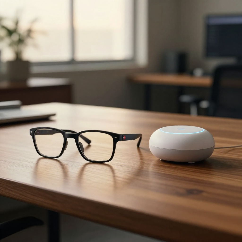 Gafas de realidad virtual sobre una mesa de madera con luz cálida de tarde