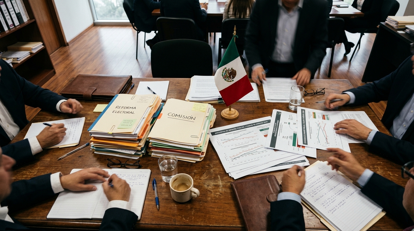 Sala legislativa vacía con curules y documentos sobre coordinaciones estatales 2027