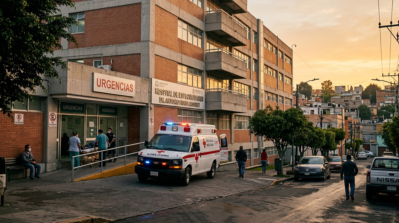 Protestas IMSS: fachada de clínica con banderas de México al amanecer
